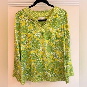 St. John Green Floral Print Silk Blouse